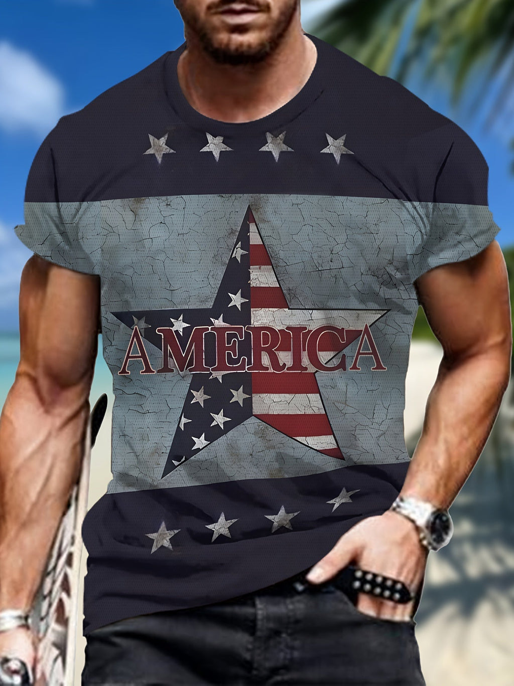 T-shirt da uomo Valstrend con stampa di stelle, manica corta e scollo rotondo, abbigliamento estivo da outdoor.