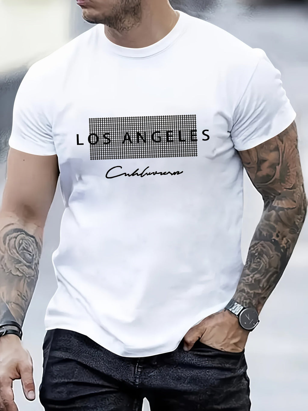 T-shirt casual da uomo Valstrend con stampa Los Angeles, maniche corte, ideale per l'estate e look estivi.