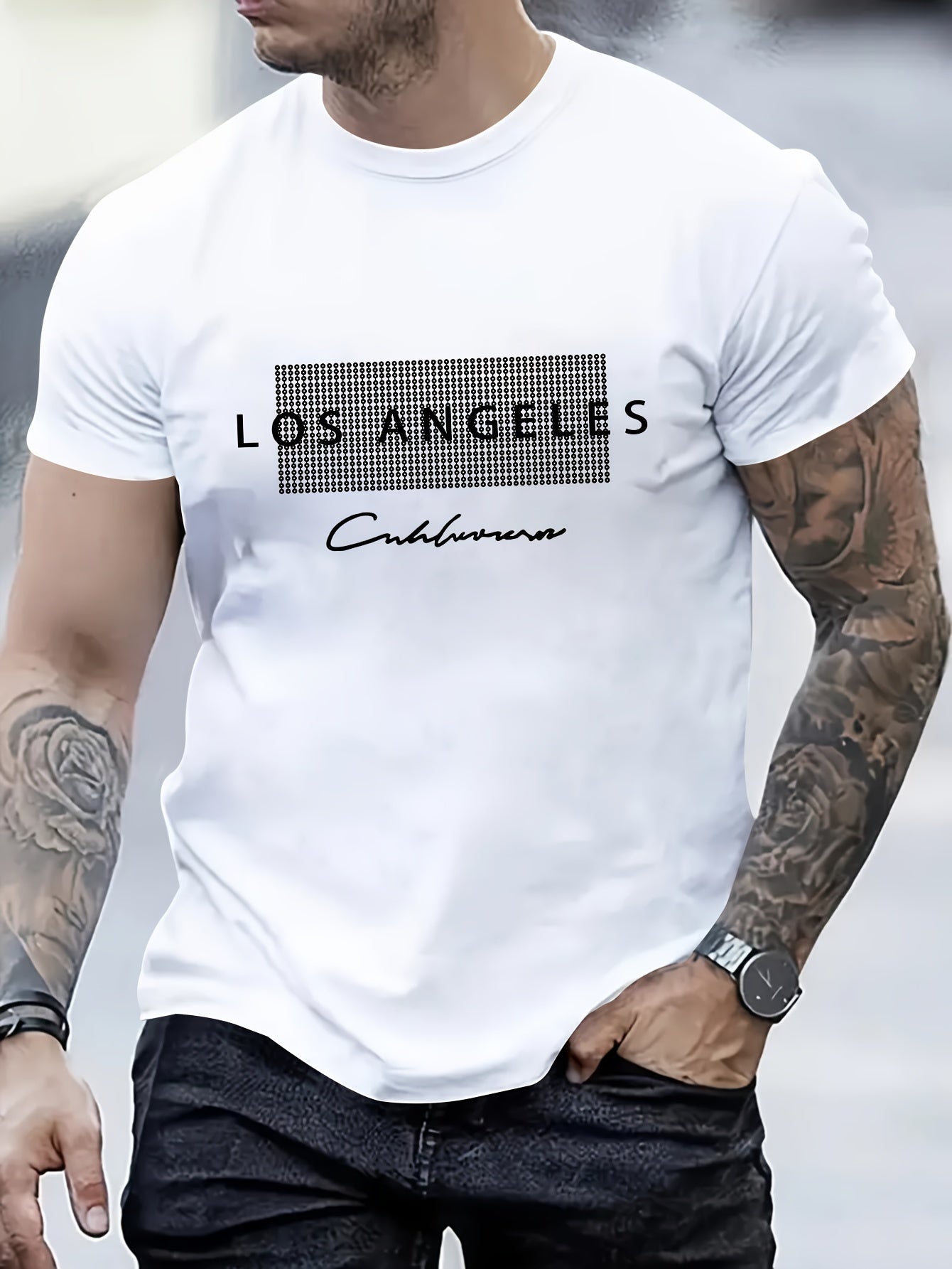 T-shirt casual da uomo Valstrend con stampa Los Angeles, maniche corte, ideale per l'estate e look estivi.