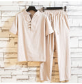 Completo estivo in lino e cotone da uomo Valstrend, giacca e pantaloni con maniche corte, look leggero e elegante.