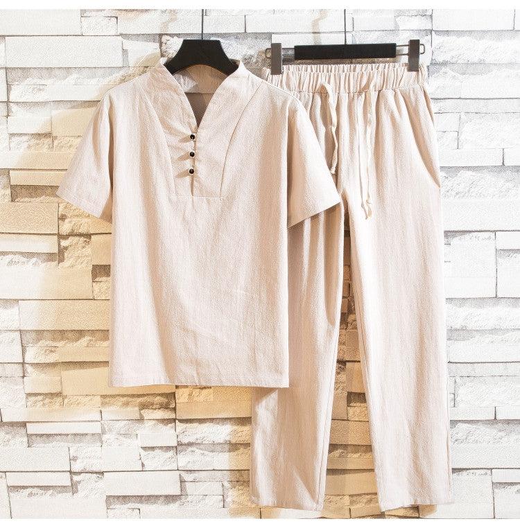 Completo estivo in lino e cotone da uomo Valstrend, giacca e pantaloni con maniche corte, look leggero e elegante.