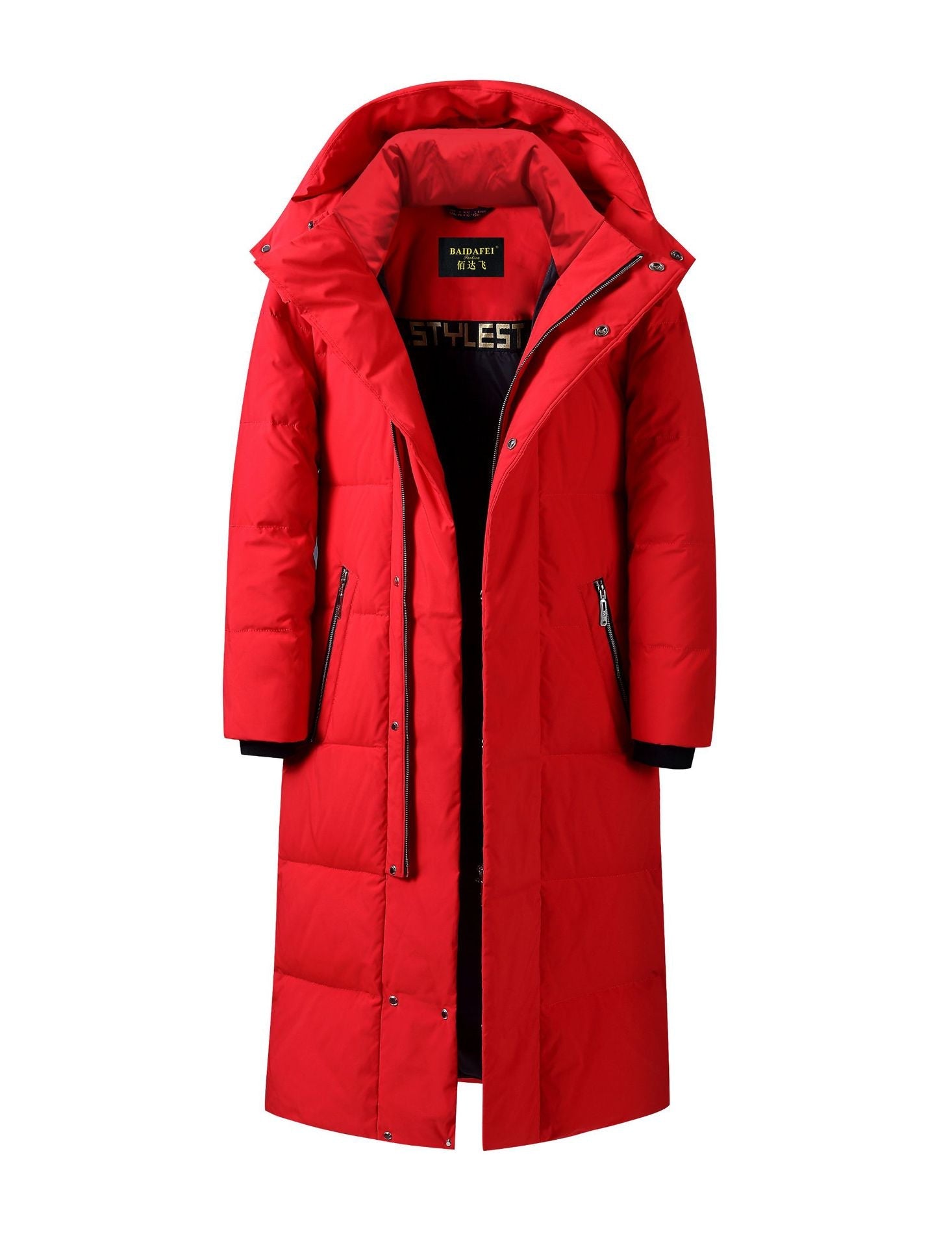 Giacca imbottita da uomo Valstrend, stile coppia, di lunghezza media, con cappuccio e zip frontale, in tessuto nero.