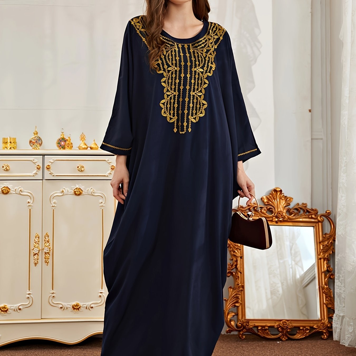 Abito kaftan taglia comoda con motivo geometrico, maniche lunghe e scollo rotondo, abbigliamento femminile plus size Valstrend.