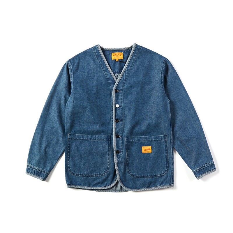 Giacca da uomo Valstrend in denim con tasche grandi, senza colletto, stile baggy e casual, vista frontale con dettagli.