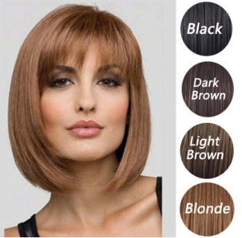 Capelli corti moda per ragazze con frangia inclinata e testa bobo, parrucca con onde, aspetto naturale e voluminoso, stile femminile.
