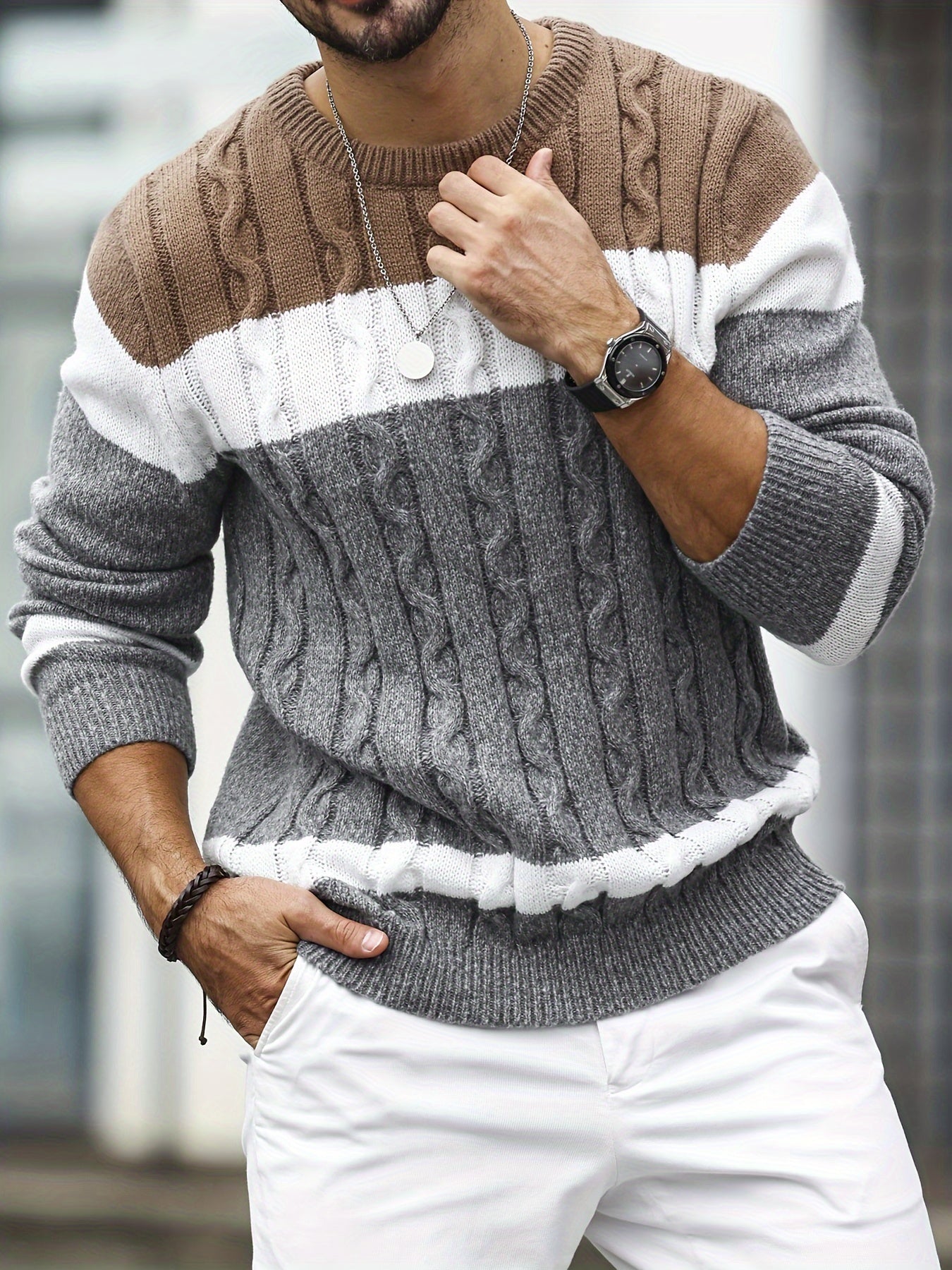 Maglione da uomo Valstrend con blocchi di colore e tessuto a trama, ideale per autunno e inverno, stile casual e business.