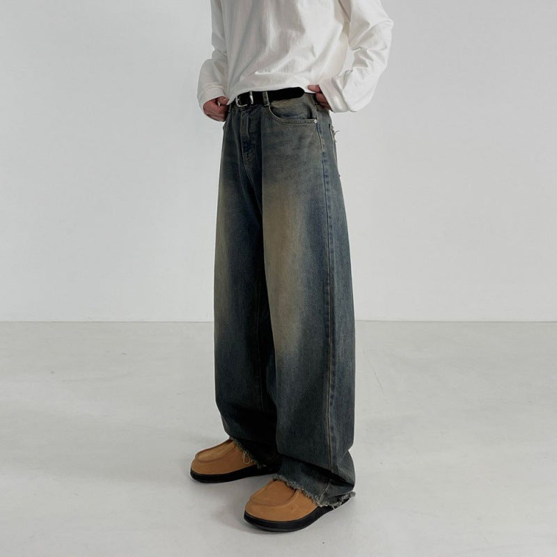 Jeans da uomo primavera Valstrend con look retrò, lavaggio sbiadito e vestibilità largha, stile casual e vintage.