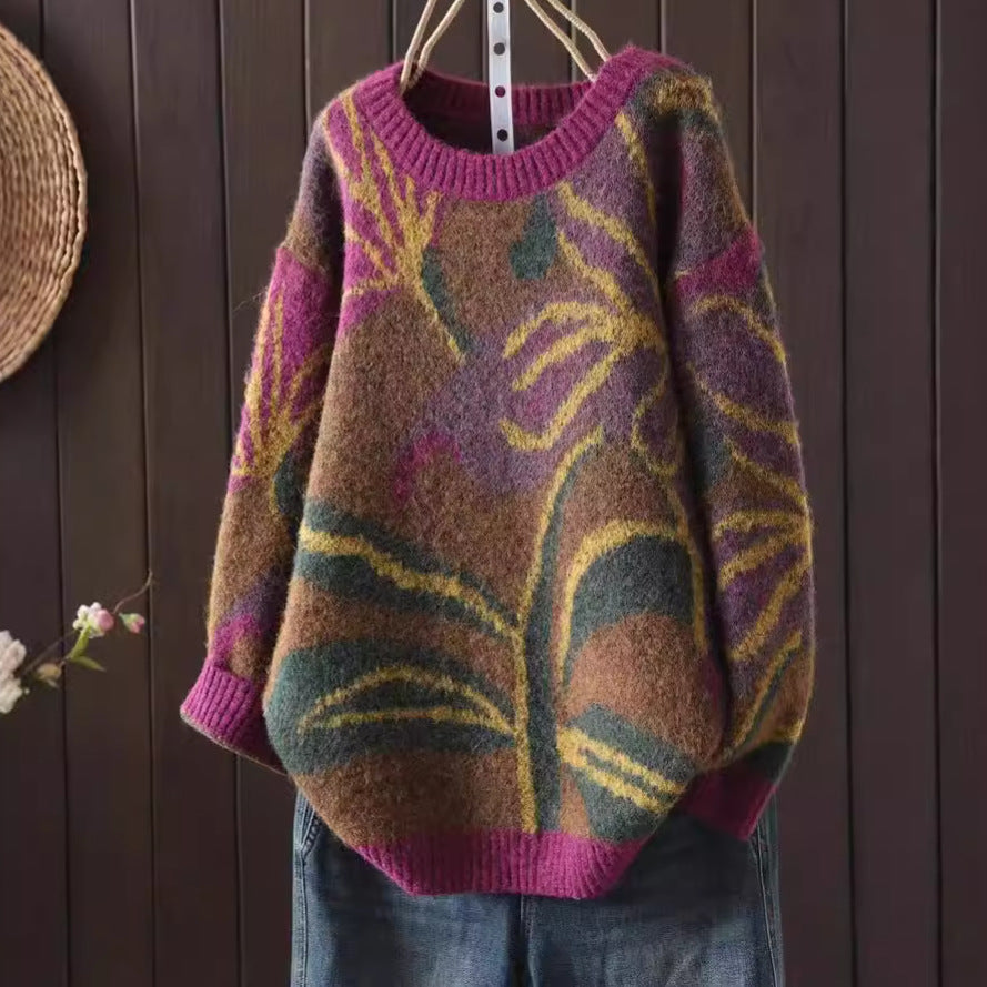 Round Neck Floral Print Retro Style Artistic Sweater