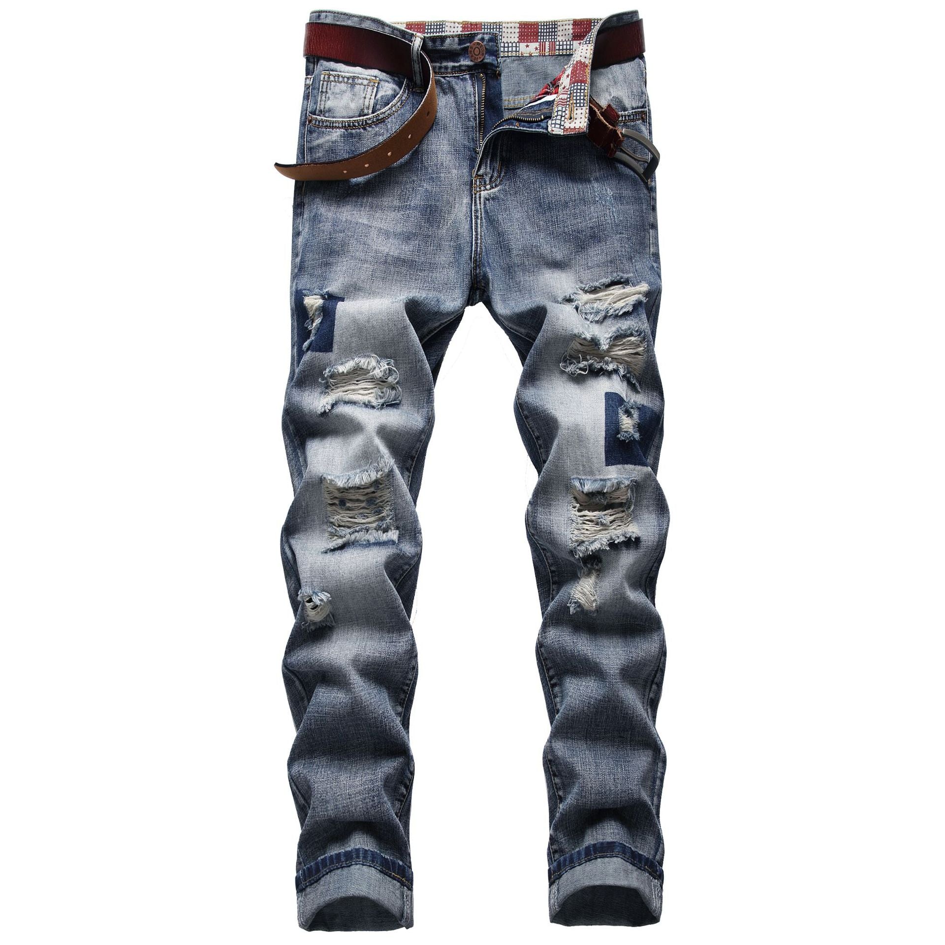 Jeans slim da uomo Valstrend con strappi, stile rétro e alta strada, visibili dettagli di rotture e vestibilità aderente
