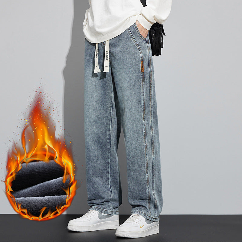 Jeans da uomo Valstrend con interno in fleece, aderenti e dritti, spessi e comodi, stile casual e pratico, colore blu.