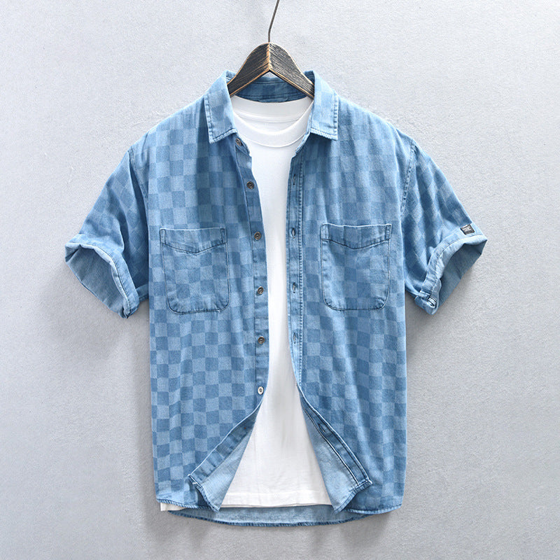 Camicia casual da uomo Valstrend in denim a quadri con maniche corte, stile rilassato e tessuto morbido.