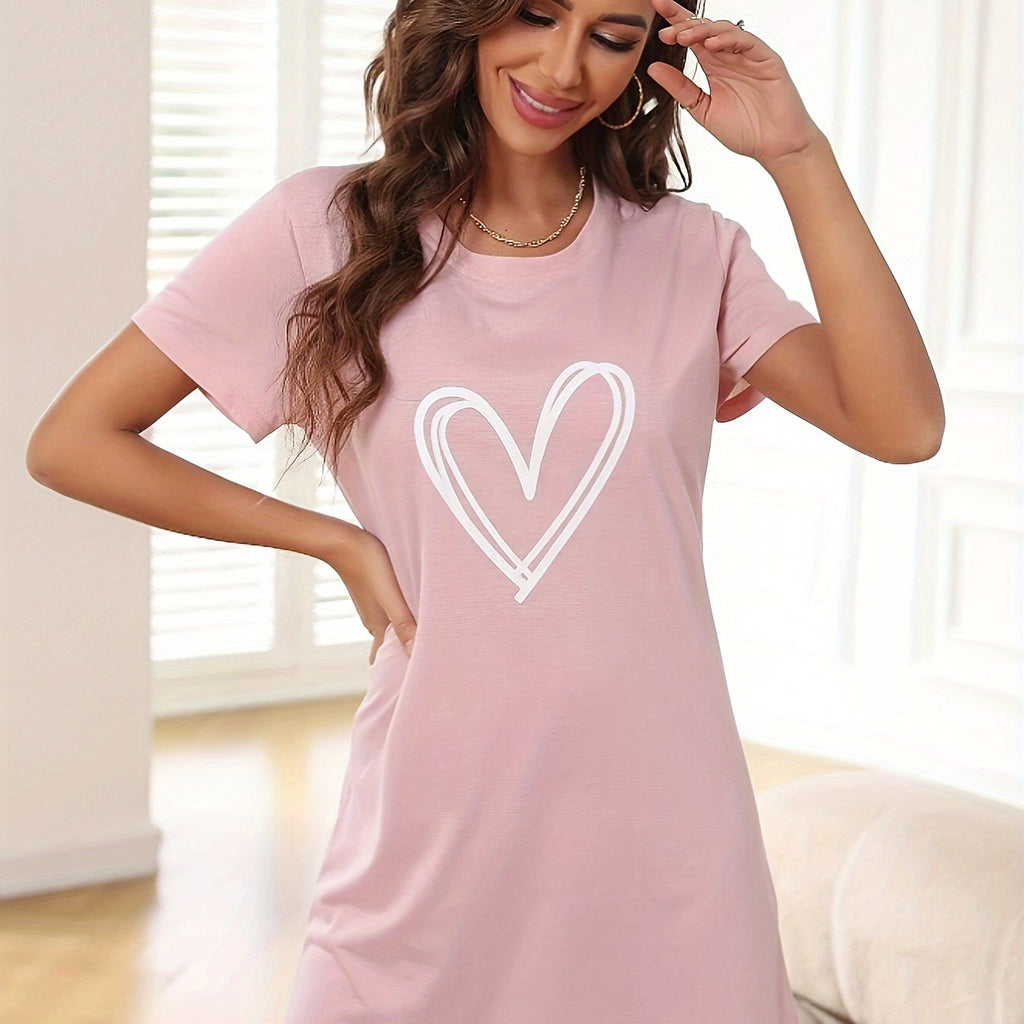 Heart Print Crew Neck Dress, Casual Short Sleeve Dress For Spring & Summer, Women's Clothing