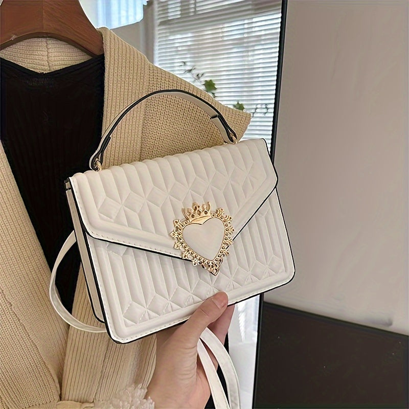 Chic Women's Crossbody Bag with Adjustable Strap - Trendy Pleated Design, Heart Envelope Closure, Lightweight Faux Leather in White/Red