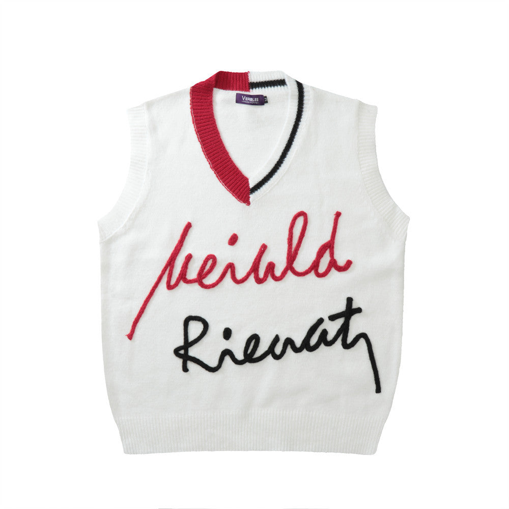 Gilet senza maniche con scollo a V in maglia, colore a contrasto e lettere ricamate, stile uomo di Valstrend shop