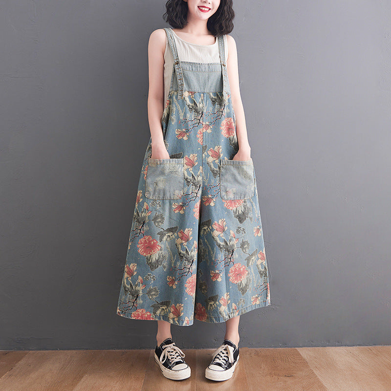 Pantaloni larghi in denim stampa stile coreano plus size Valstrend con bretelle, modello Fat Sister, vestibilità comoda e trendy