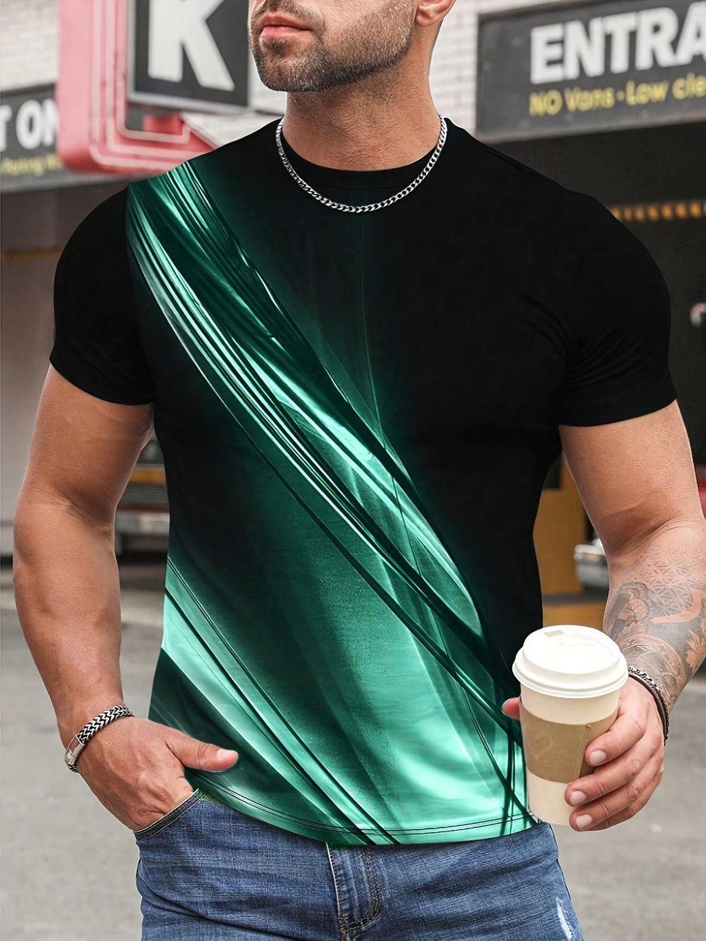 T-shirt da uomo Valstrend con stampa 3D a blocchi di colori, tessuto elasticizzato e confortevole, ideale per l'estate all'aperto.