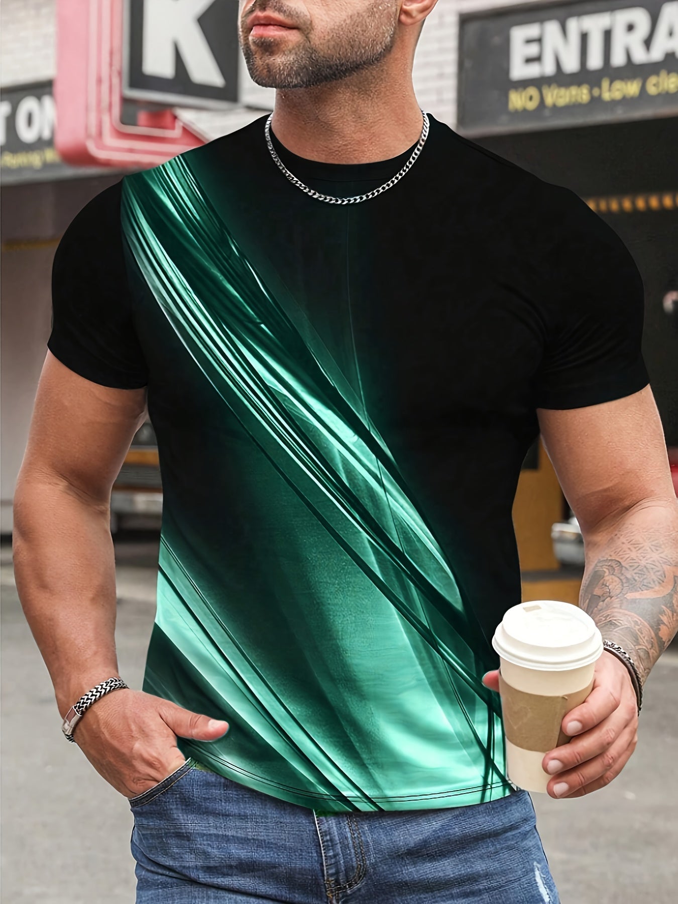 T-shirt da uomo Valstrend con stampa 3D a blocchi di colori, tessuto elasticizzato e confortevole, ideale per l'estate all'aperto.