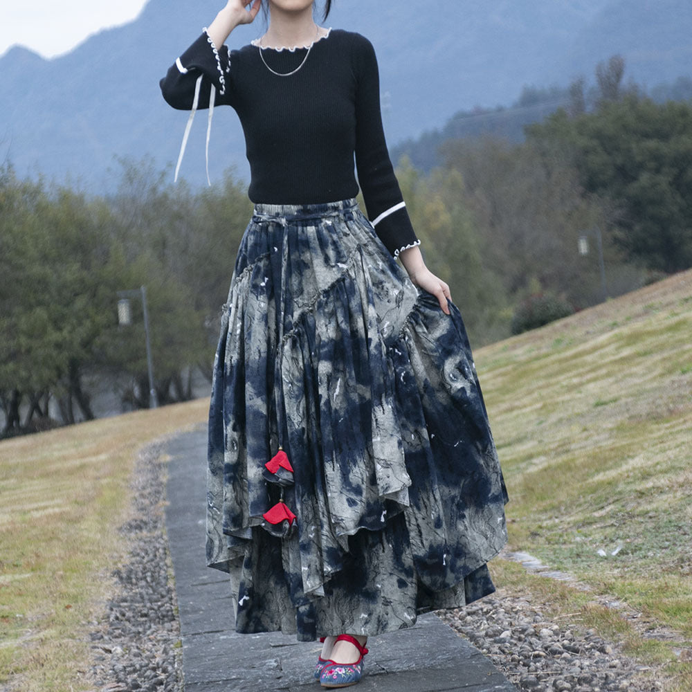 Gonna etnica da donna in cotone e lino con stampa colorata, stile valstrend, lunga fino a sotto il ginocchio.