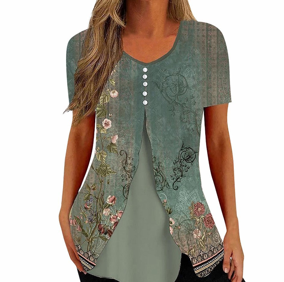 T-shirt casual a maniche corte stampa fashion femminile, fake due pezzi, marchio Valstrend, stile trendy e moderno.