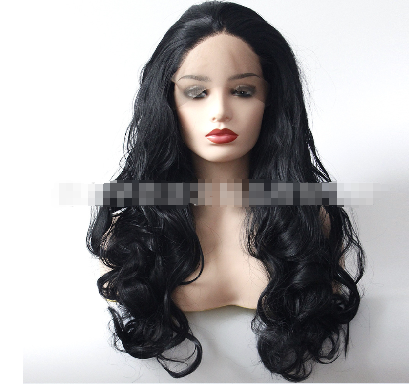 Parrucca nera a grandi onde in fibra chimica di alta qualità con lace front, stile europeo e americano, per copricapo moda.