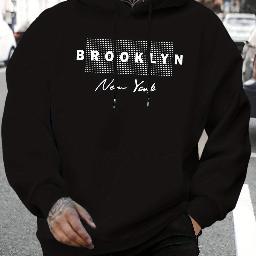 Men'S Brooklyn New York Graphic Print Hoodie - Casual Knit Fabric Pullover with Drawstring Hood for Fall/Winter, Regular Fit, 100% Polyester, Long Sleeve Hooded Sweatshirt