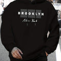 Men'S Brooklyn New York Graphic Print Hoodie - Casual Knit Fabric Pullover with Drawstring Hood for Fall/Winter, Regular Fit, 100% Polyester, Long Sleeve Hooded Sweatshirt