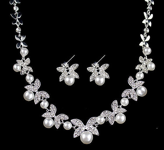 Set di gioielli da sposa Valstrend con collana e orecchini in diamanti e perle, decorati con foglie, perfetti per matrimoni.