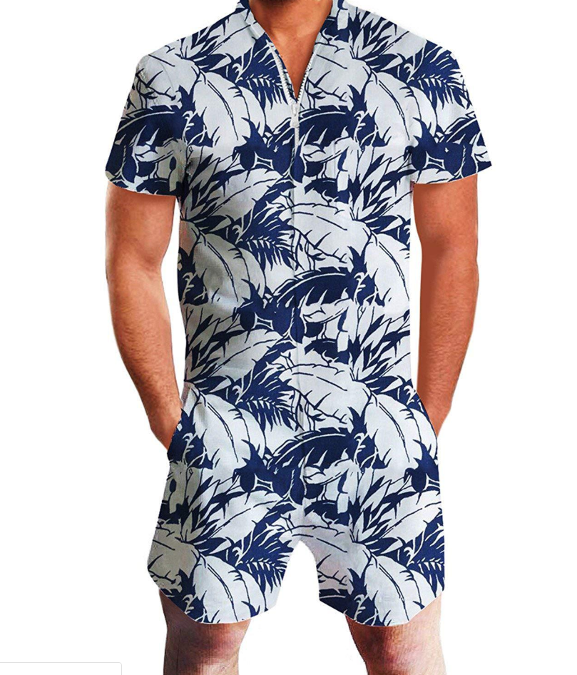 Tuta estiva corta con maniche a manica corta in stile hawaiano con motivo piume, marchio Valstrend shop.