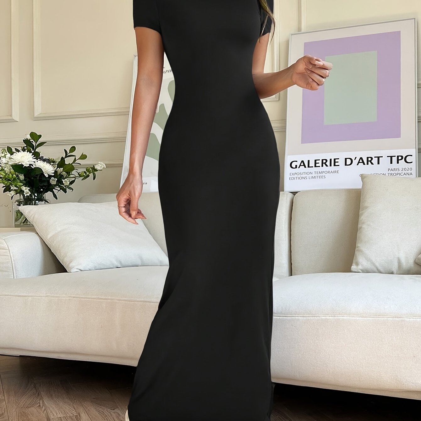Solid Color Slim Dress, Elegant Crew Neck Short Sleeve Maxi Dress For Summer & Spring, Women's Clothing