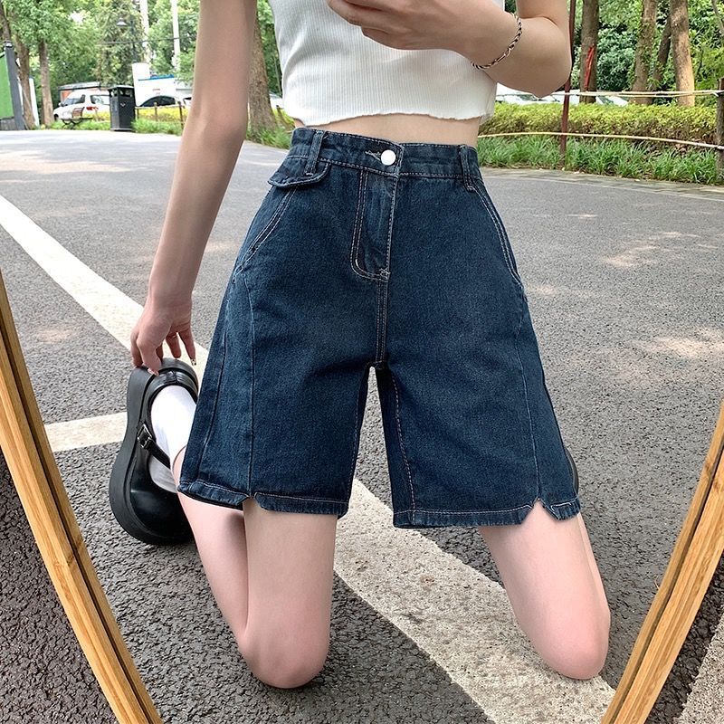 Shorts donna Valstrend stile estivo coreano, vita alta, con spacchi, in denim plus size, perfetti per l'estate.