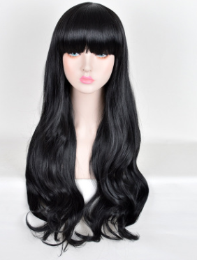 Parrucca cosplay lunga riccia nera Lolita Korean Fashion Fluffy Qi Liu Hai, stile elegante e voluminoso, marca Valstrend shop