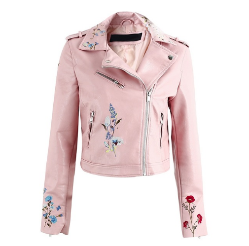Giacca donna moto in pelle Valstrend, stile autunno-inverno, con ricami floreali, zip e colletto a punta, taglio slim.