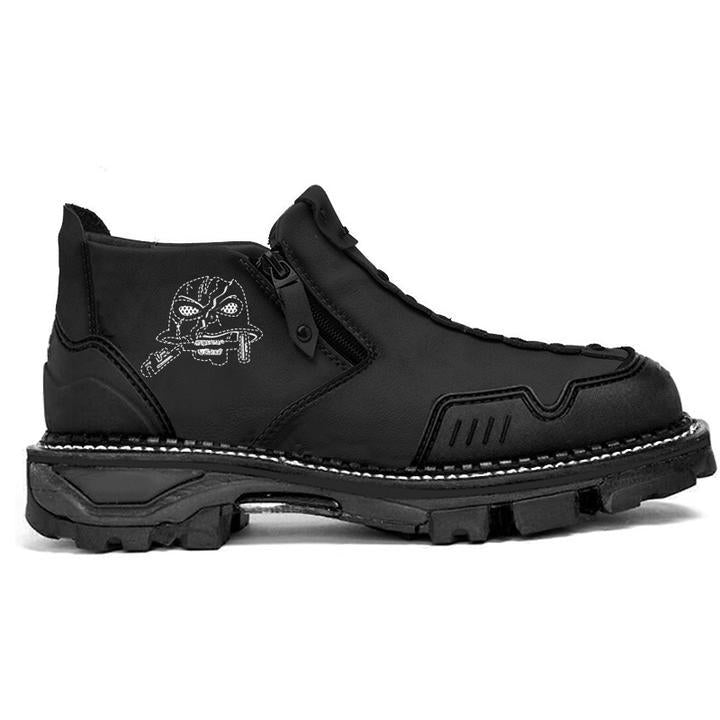 Stivaletti da uomo Dr Martens Valstrend con stampa skull Halloween, pelle nera con dettagli in tessuto, stile robusto e di tendenza