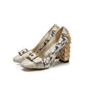 Scarpe con tacco chunky di grande misura in stampa di pelle bovina, scarpe alte con tacchi robusti di marca Valstrend.