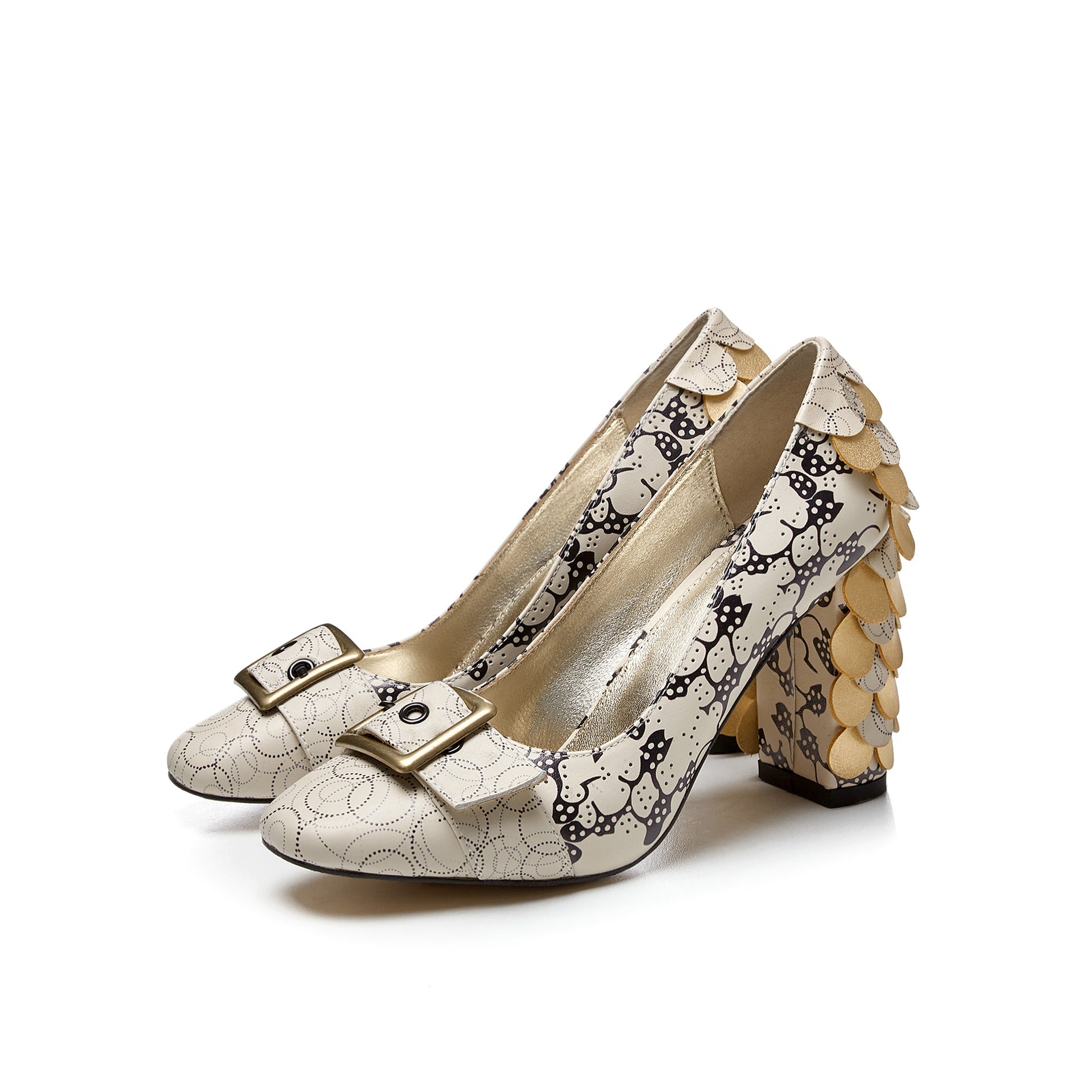 Scarpe con tacco chunky di grande misura in stampa di pelle bovina, scarpe alte con tacchi robusti di marca Valstrend.