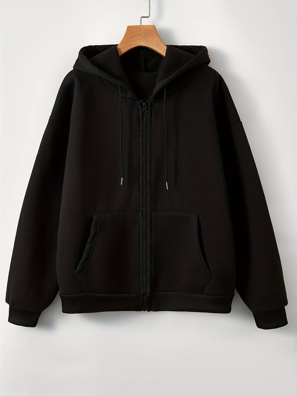 Women's Basic Solid Color Zip-Up Hoodie With Drawstrings, Comfortable Plush Lined Warm Hooded Sweatshirt For Fall & Winter
