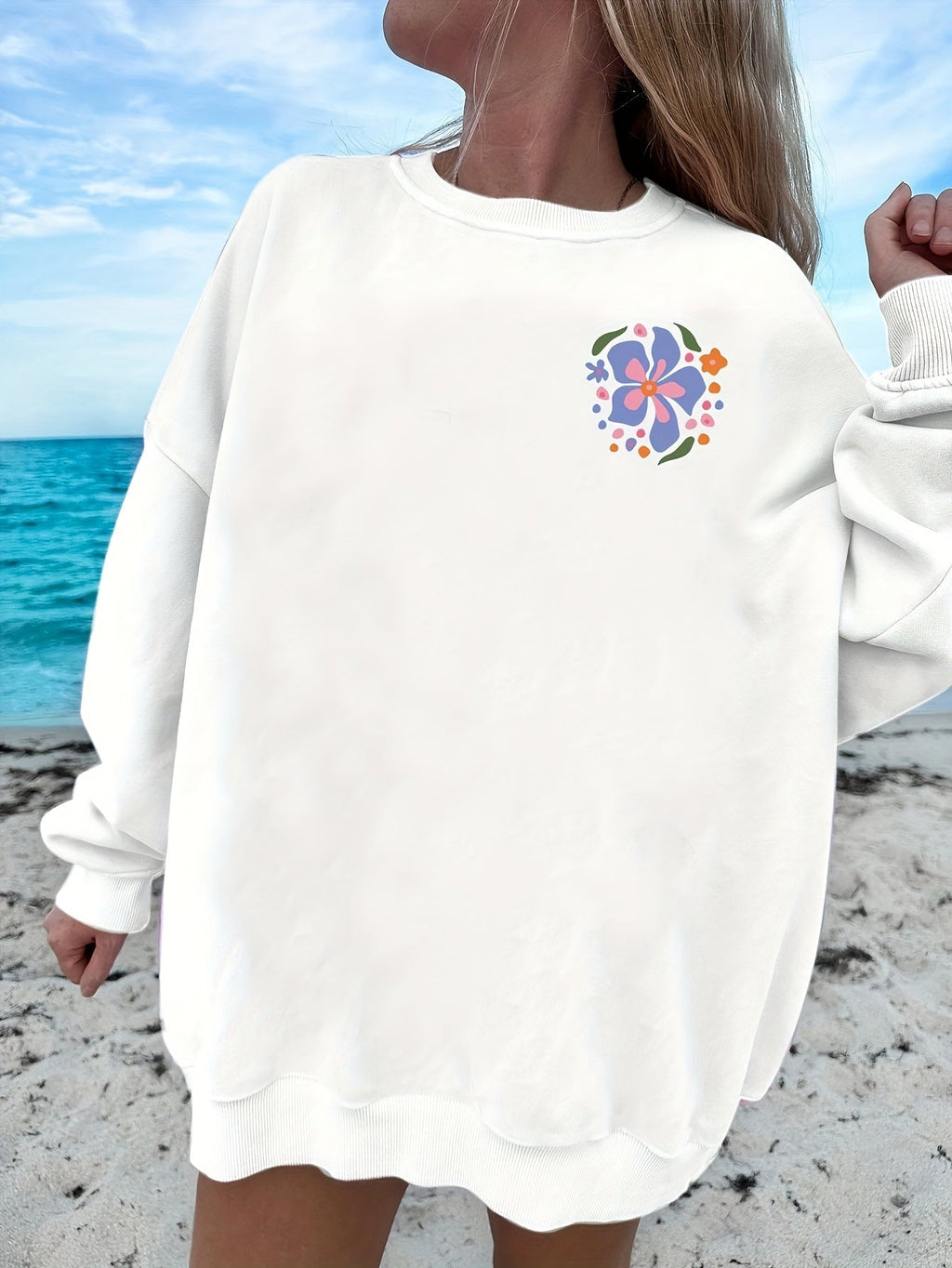 Women's Tropical Print Fashion Sweatshirt - Casual Polyester Crew Neck Pullover, Machine Washable