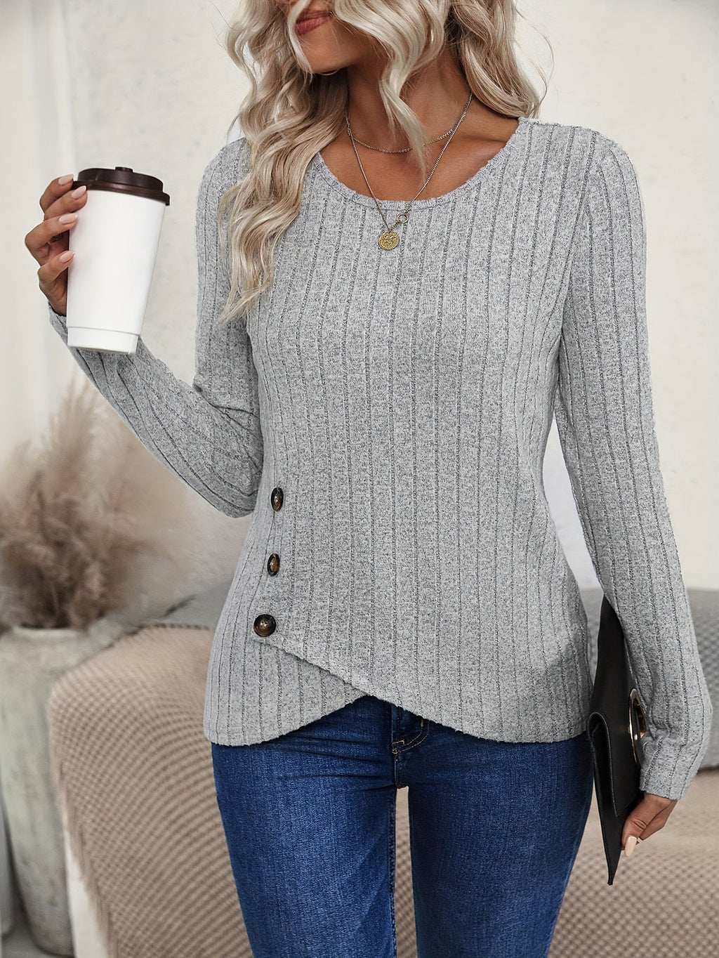 Maglia donna Valstrend, maglione a maniche lunghe a tinta unita con girocollo, tessuto elasticizzato e lavabile in lavatrice.