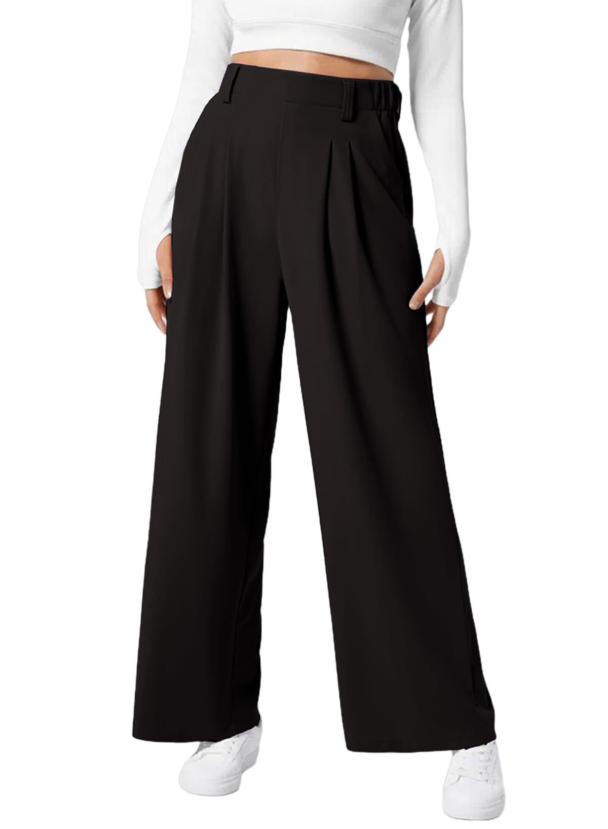 Pantaloni donna a vita alta elasticizzati a gamba larga in maglia waffle casual, marca Valstrend, visibili in dettaglio.