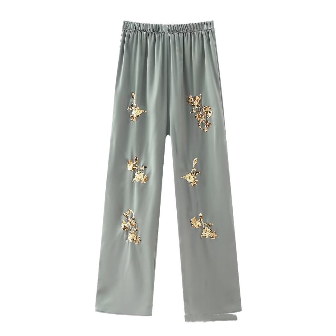 Pantaloni eleganti Valstrend in stile western con paillettes, linea dritta, adatti a tutti i look, dettagli lucidi e alla moda.