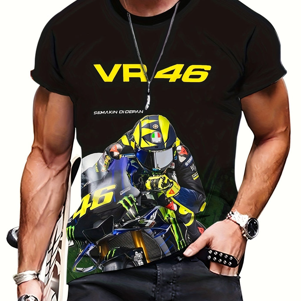 Maglietta da uomo Valstrend con stampa 3D digitale, girocollo, vestibilità regolare, tessuto poliestere, grafica motociclista completa