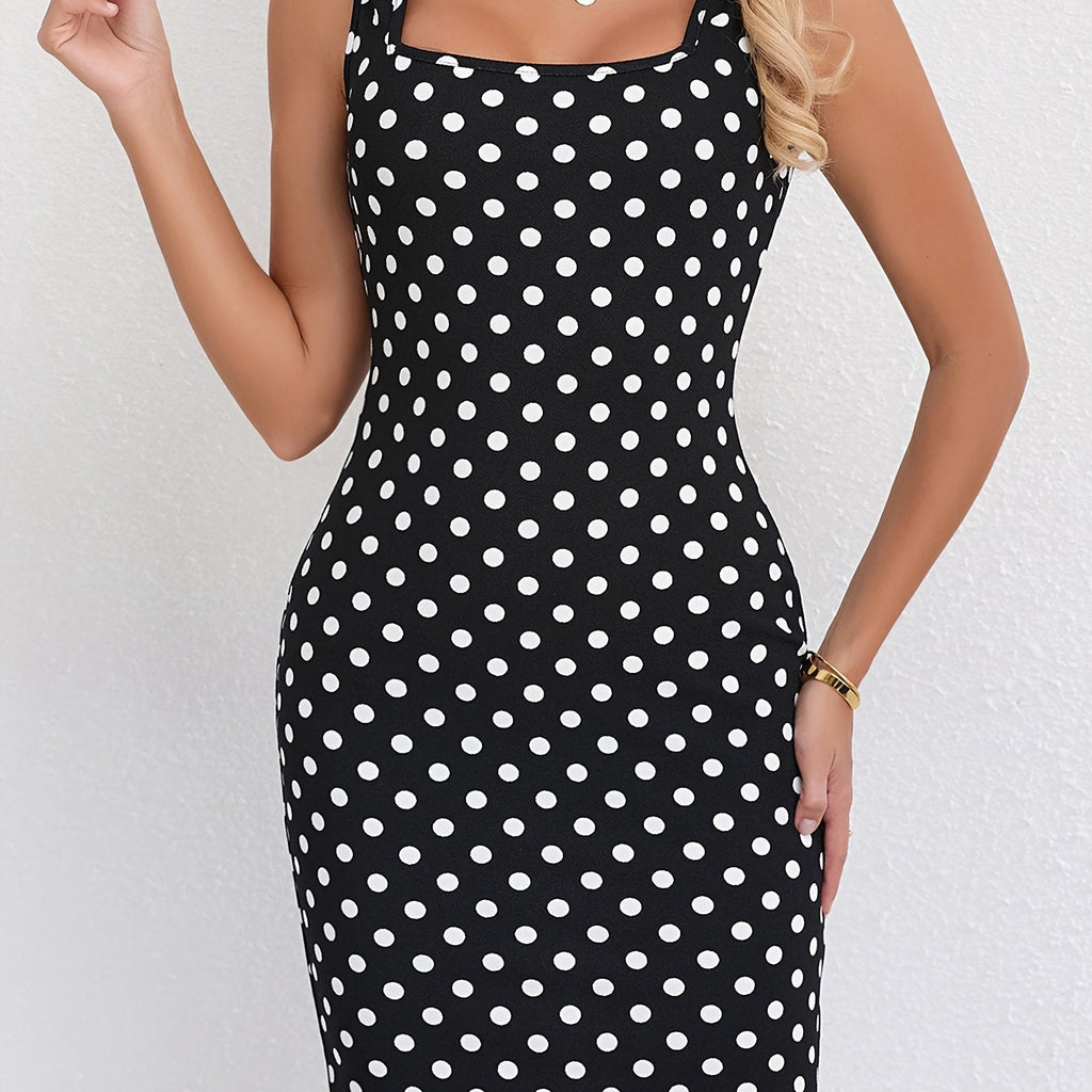Polka Dot Print Bodycon Cami Dress, Elegant Square Neck Sleeveless Wide Strap Dress For Spring & Summer, Women's Clothing