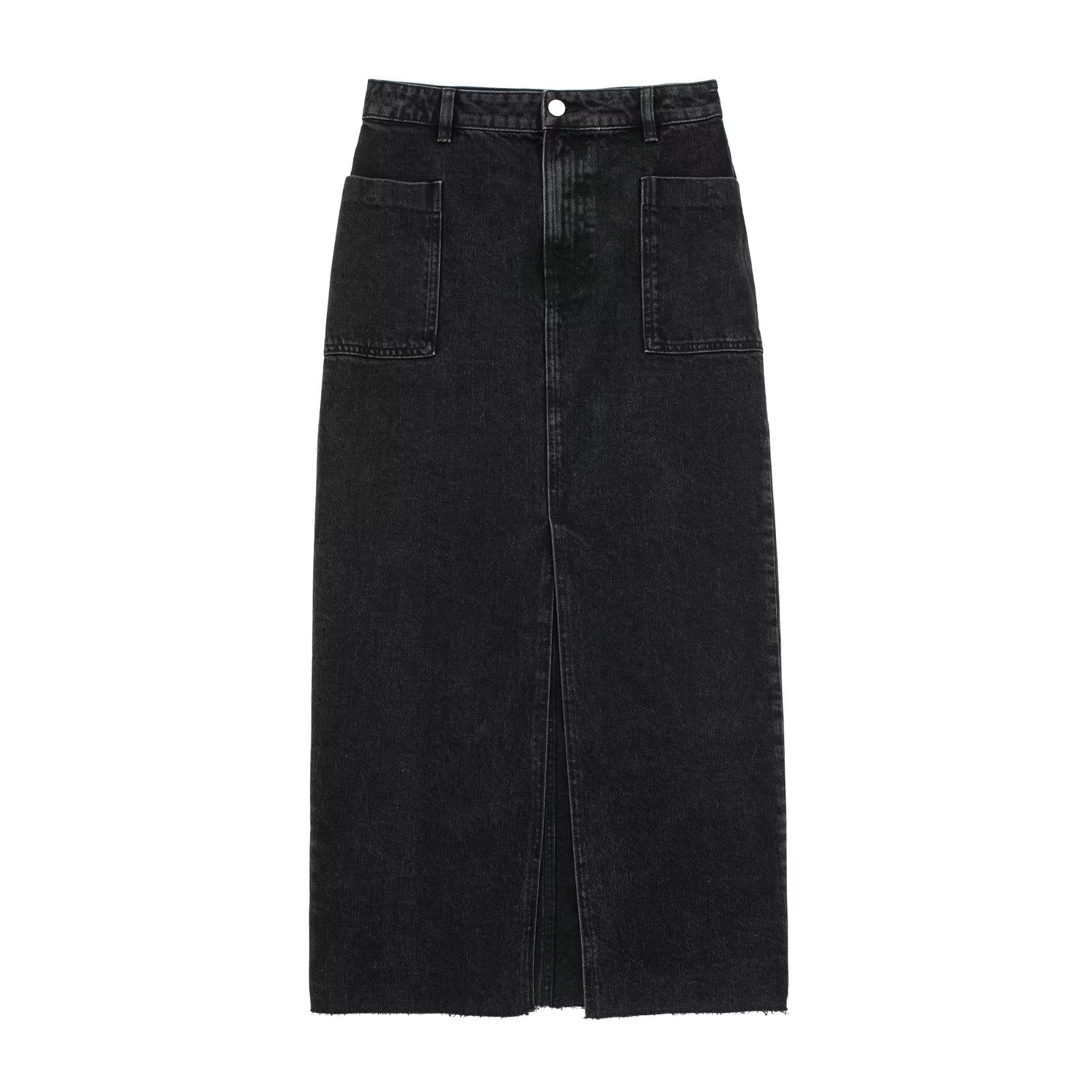 Gonna lunga a vita alta Valstrend con bottoni, tasche doppie e spacchi, in tessuto morbido e sfilato, stile casual e alla moda.