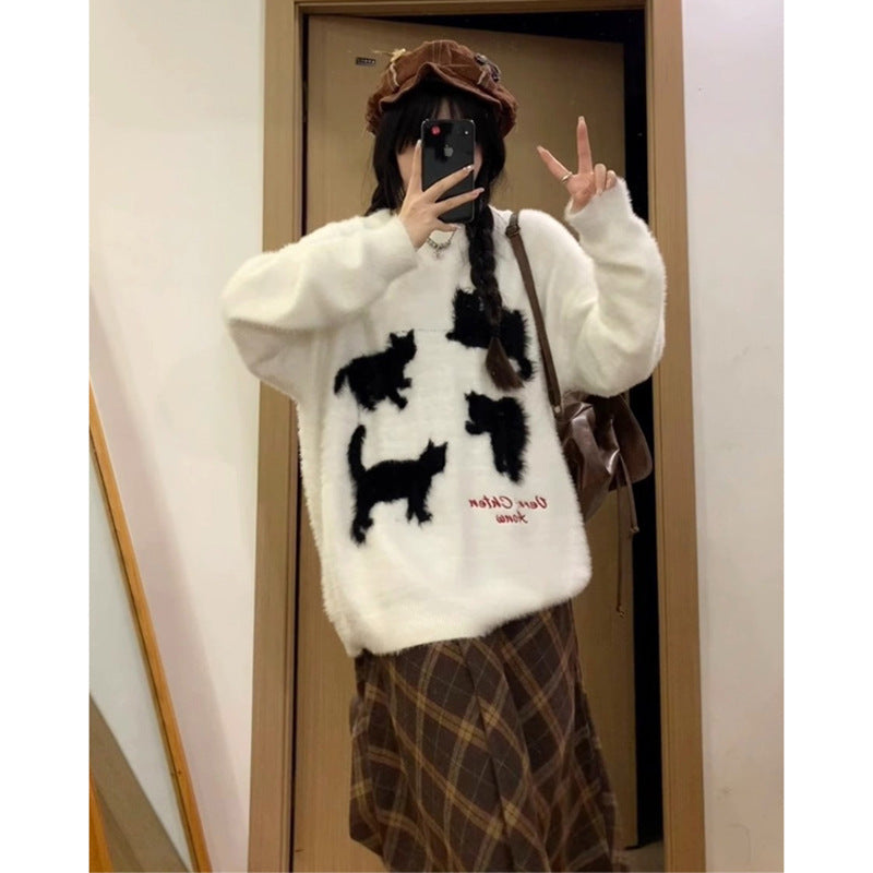 Maglione casual per donna con gattino dolce e carino, invernale, vestibilità ampia, abbigliamento femminile Valstrend shop