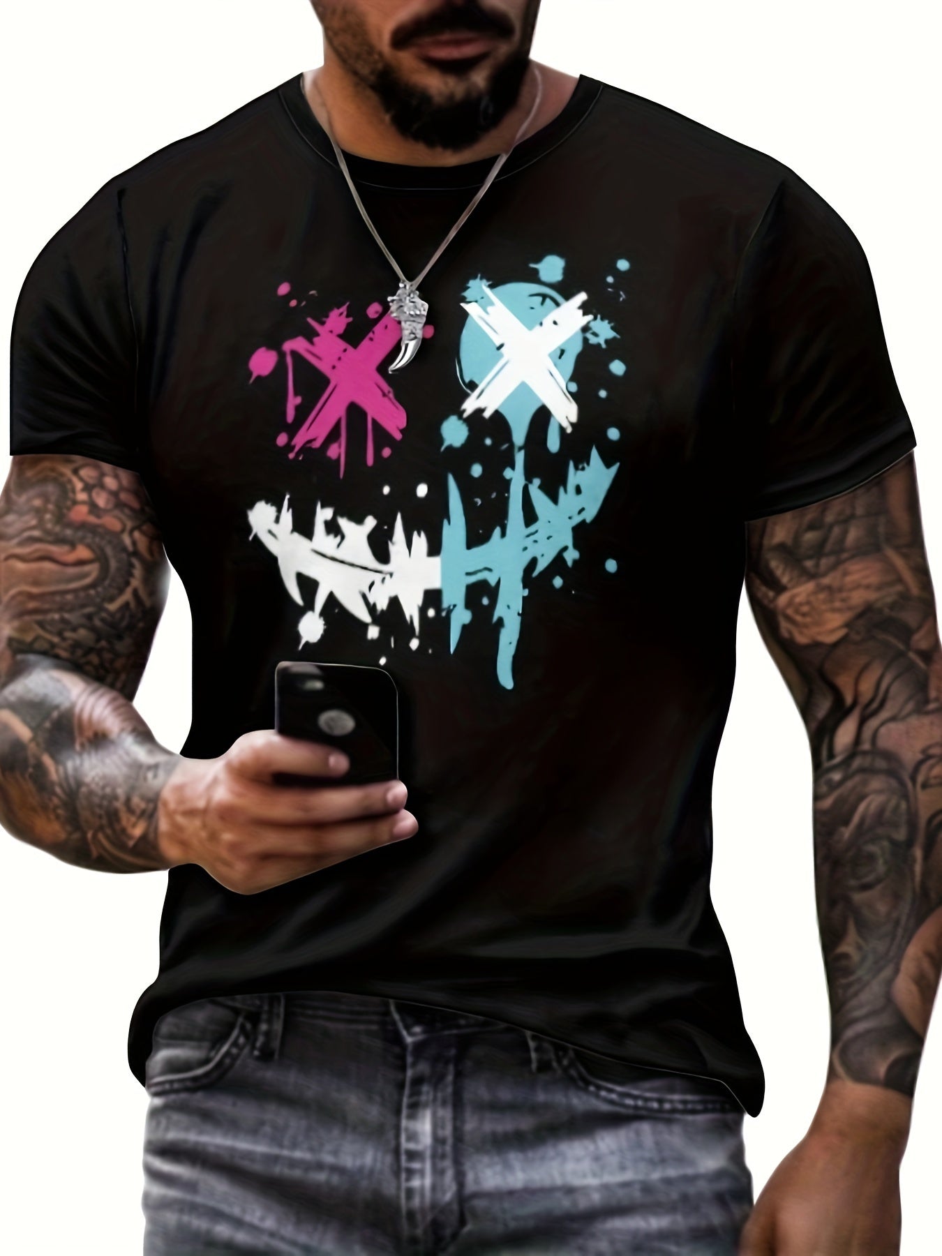 T-shirt da uomo Valstrend con stampa faccia malvagia sorridente, maniche corte, collo rotondo, stile casual e alla moda.