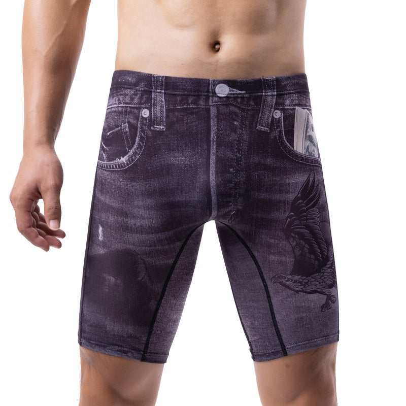 Slipino boxer da uomo plus size Valstrend, pantaloncini sportivi in denim con stampa e tecnologia quick-drying, vista frontale.