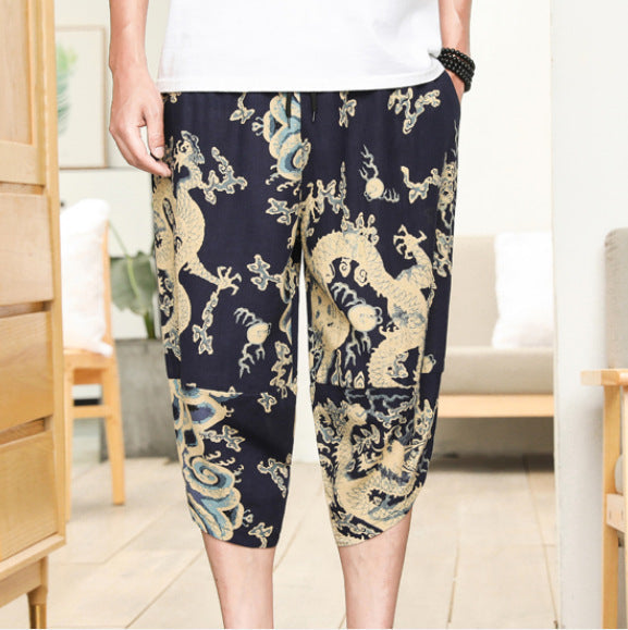 Pantaloni etnici da uomo Valstrend, cropped, tapered, in cotone e lino con stampa floreale harem, stile casual e comfort.