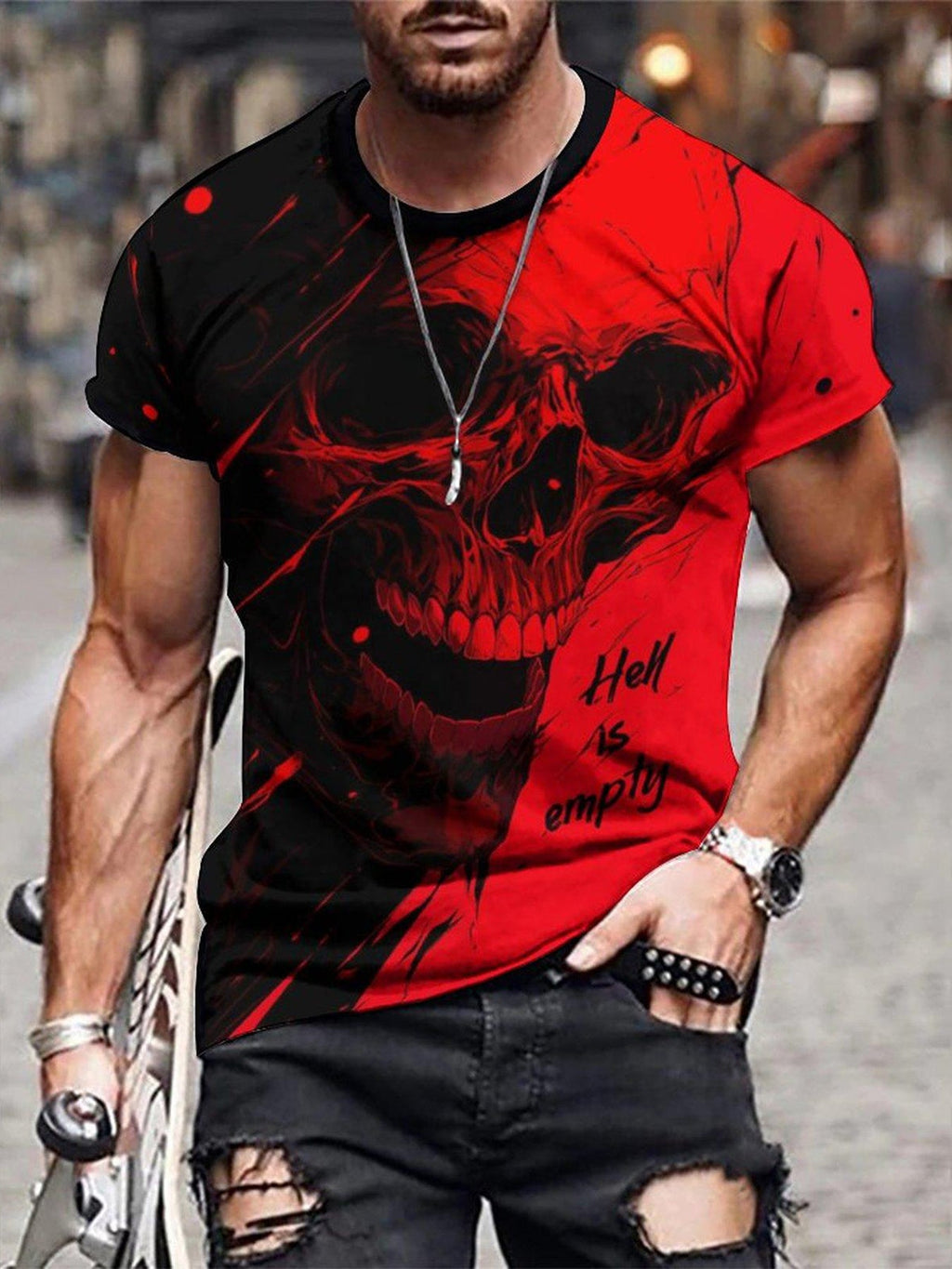 T-shirt uomo Valstrend con stampa 3D di teschio in stile street, manica corta e colletto rotondo, ideale per l’estate all’aperto.