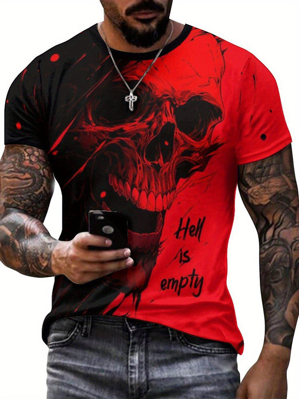 T-shirt da uomo Valstrend con stampa 3D di teschio in stile Street Style, manica corta e girocollo per l'estate all'aperto.