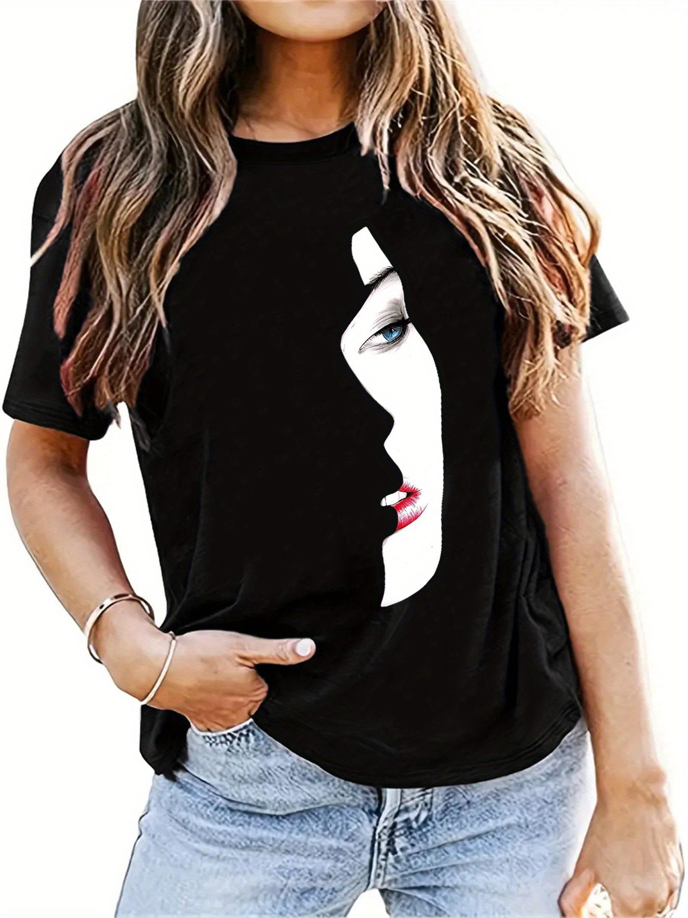 T-shirt grafico Valstrend donna a maniche corte con collo rotondo, casual e estivo, perfetta per primavera e estate.